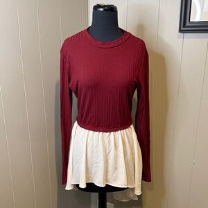 B15 SHEIN Women’s Large Wine Red and Ivory Layered High Low Blouse